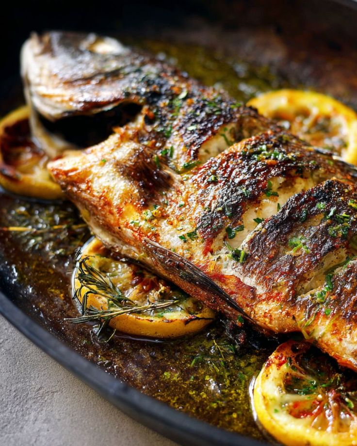Grilled whole fish with herbs and lemon slices on a platter, perfectly seasoned for a delicious meal.