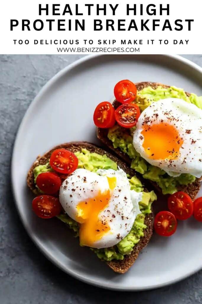 High protein breakfast with poached eggs, avocado, and cherry tomatoes on toast. Perfect healthy start.