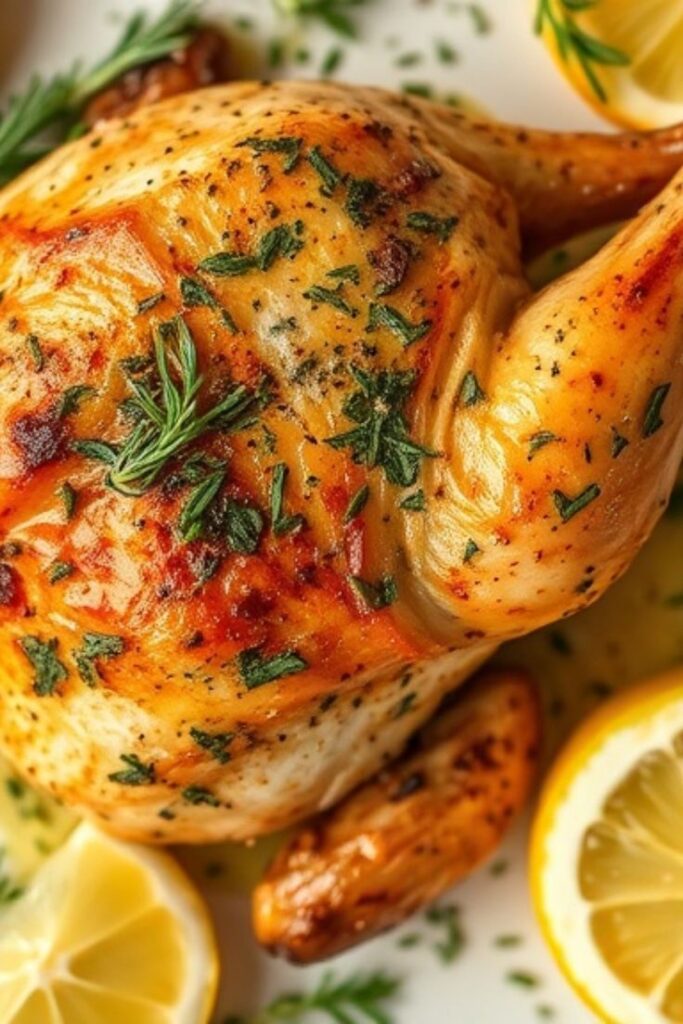 Roasted chicken garnished with fresh herbs and lemon slices on a white plate, perfect for a flavorful dinner. Gordon Ramsay 