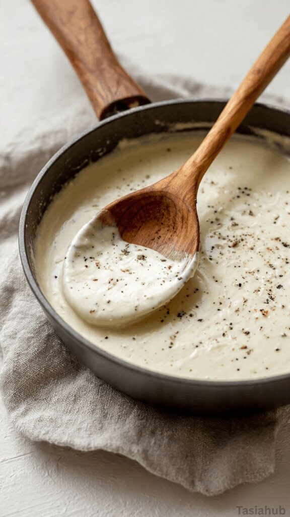 Creamy white sauce in a pan with a wooden spoon, topped with black pepper. Perfect for pasta or recipes.