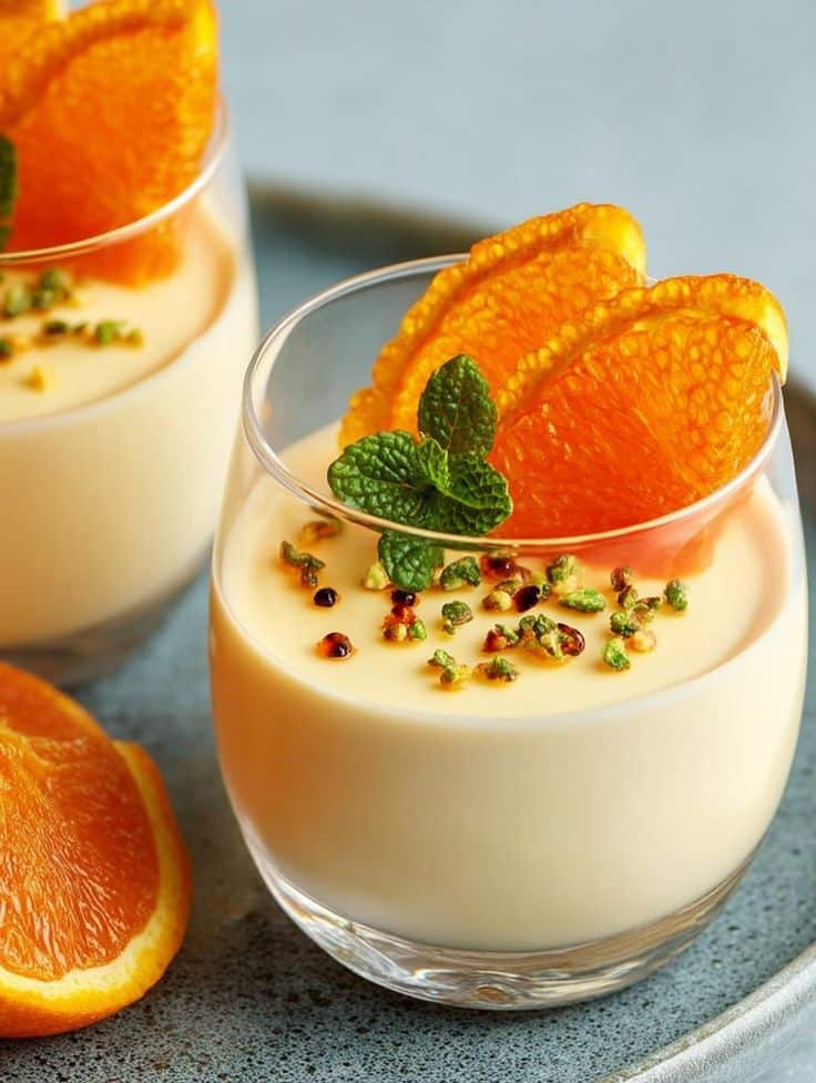 Creamy orange dessert garnished with fresh mint and sliced oranges, served in a glass on a tray.