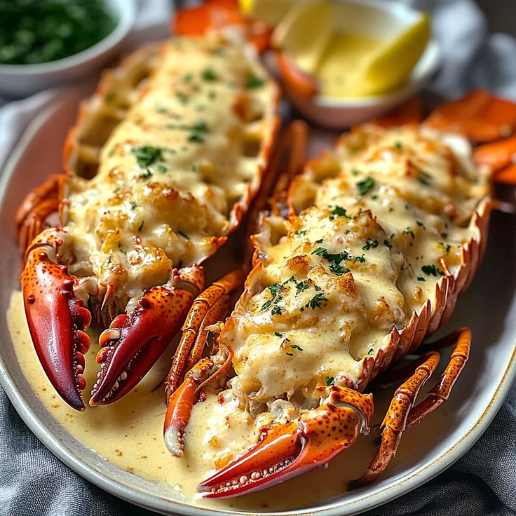 Cheesy baked lobster tails garnished with fresh herbs, served on a platter with lemon wedges and butter sauce.