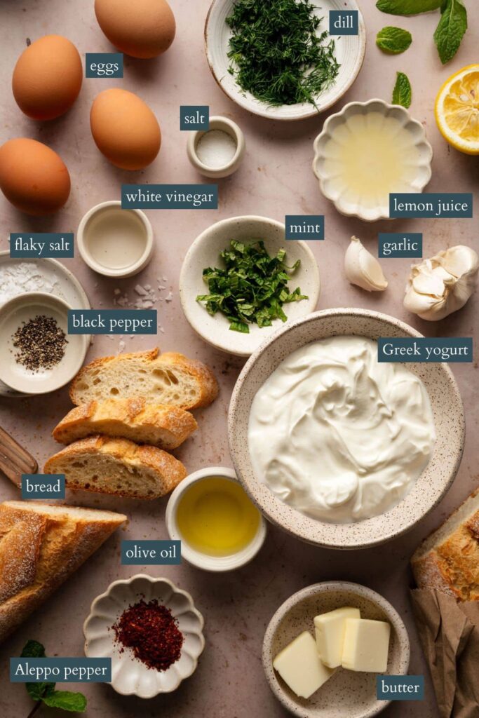 Ingredients for a flavorful meal: Greek yogurt, bread, eggs, herbs, spices, lemon juice, garlic, butter, olive oil.