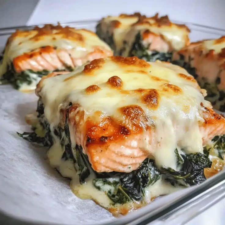 Cheesy baked salmon with spinach, golden browned on top, served on parchment paper for a savory and irresistible dish.