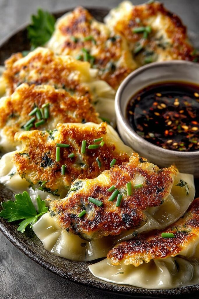 Crispy pan-fried dumplings with chives served with soy dipping sauce on a rustic plate.