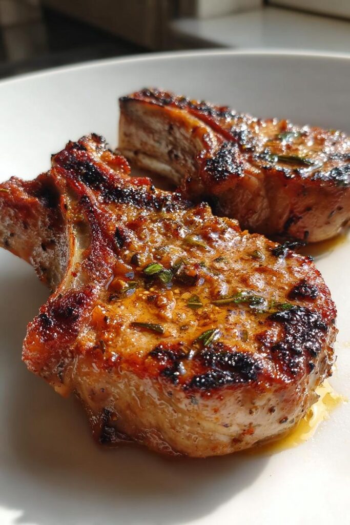 Grilled lamb chops on a white plate, garnished with herbs and perfectly charred for a delicious meal.