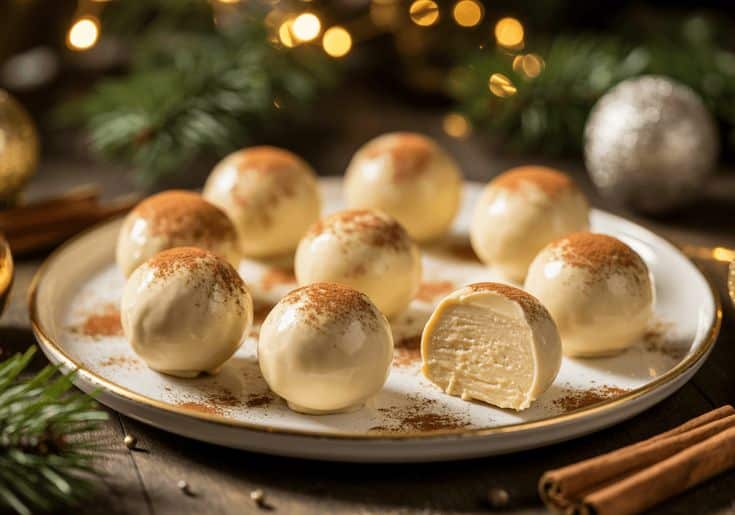 White chocolate truffles dusted with cocoa on a festive plate surrounded by holiday decorations and cinnamon sticks. Make Festive Eggnog Truffles in Minutes—Perfect Gift Idea