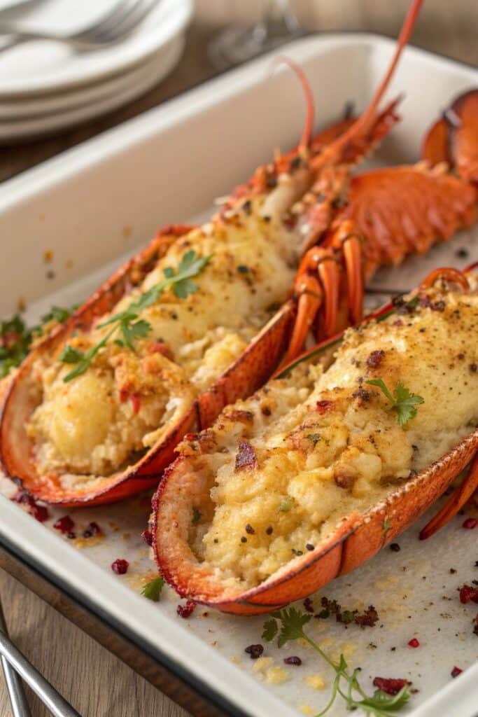 Baked stuffed lobsters with cheese and herbs in a baking dish, garnished with fresh parsley.