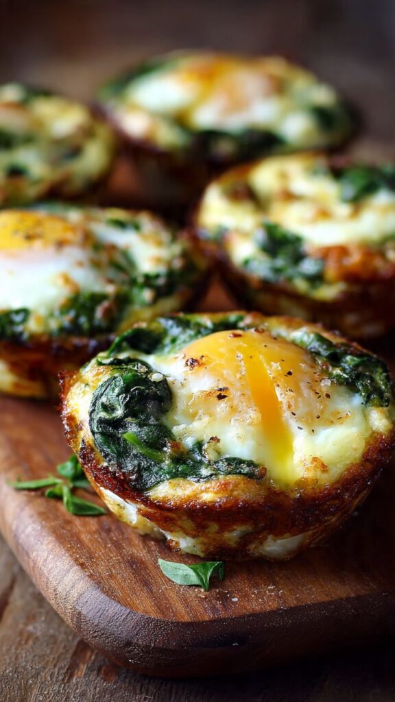 Spinach and egg muffins on a wooden board, garnished with herbs. Perfect for a healthy breakfast option.