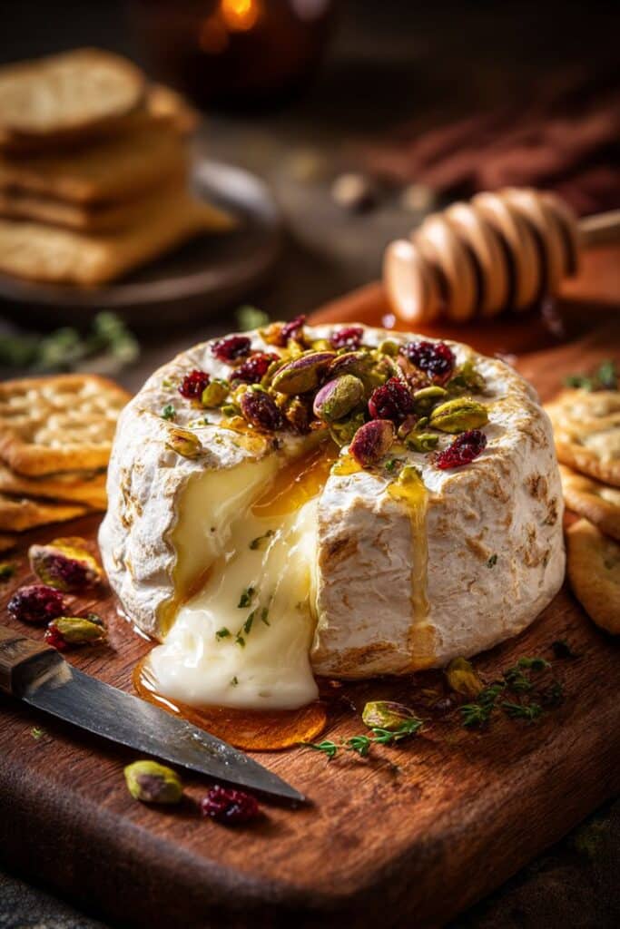 Melted Brie with Honey Pistachios - Melted Brie with Honey & Pistachios in 20 Minutes Melted brie topped with pistachios and cranberries, served with crackers and honey on a wooden board.
