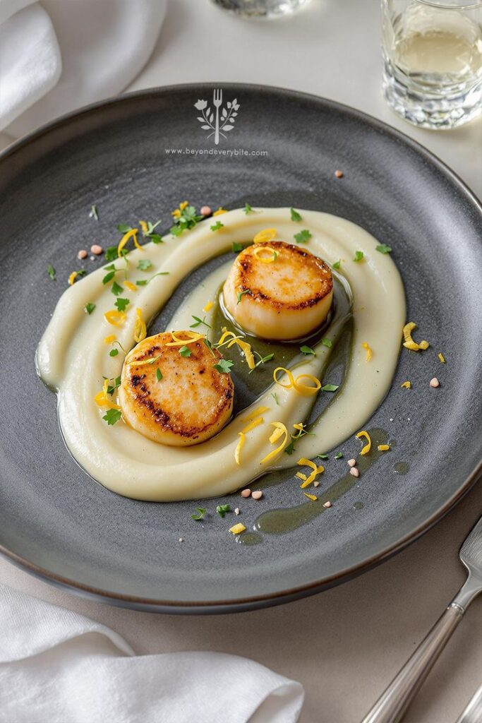 Seared scallops on creamy puree with garnish on a gray plate, elegant gourmet seafood dish.