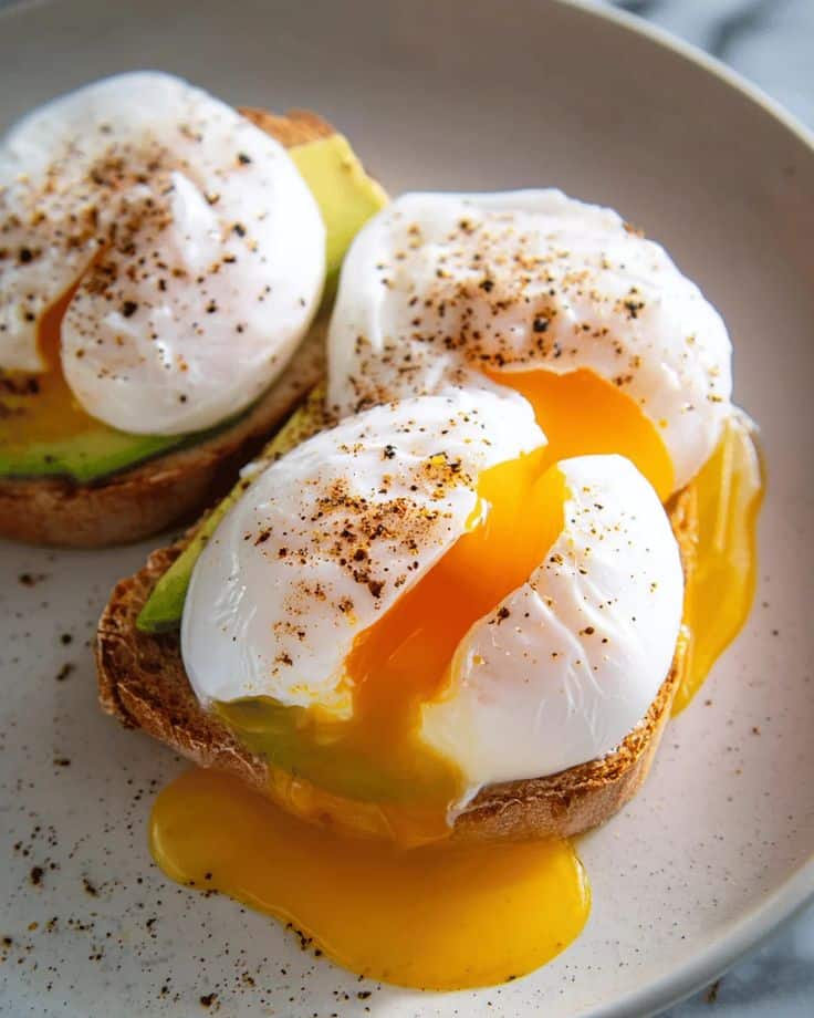 Poached eggs on avocado toast with runny yolk, garnished with black pepper on a ceramic plate.