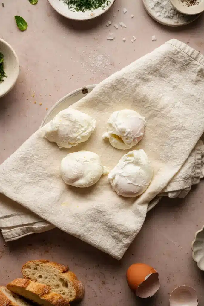 Four freshly poached eggs on cloth next to sliced bread and herbs on a kitchen counter.