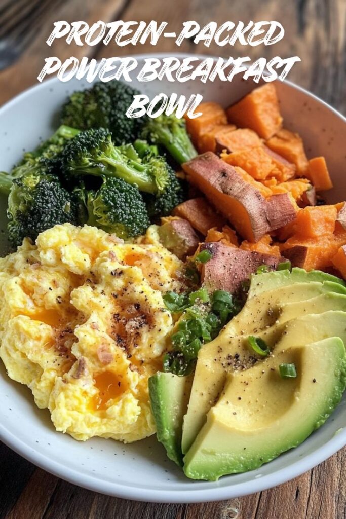 Protein-packed breakfast bowl with eggs, avocado, broccoli, and sweet potatoes. Health-focused morning meal.