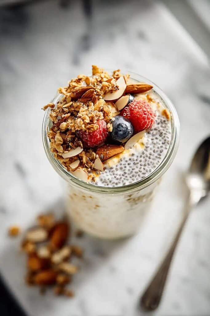 Jar of chia pudding topped with almonds, granola, raspberries, blueberries on a marble surface. Perfect healthy breakfast.