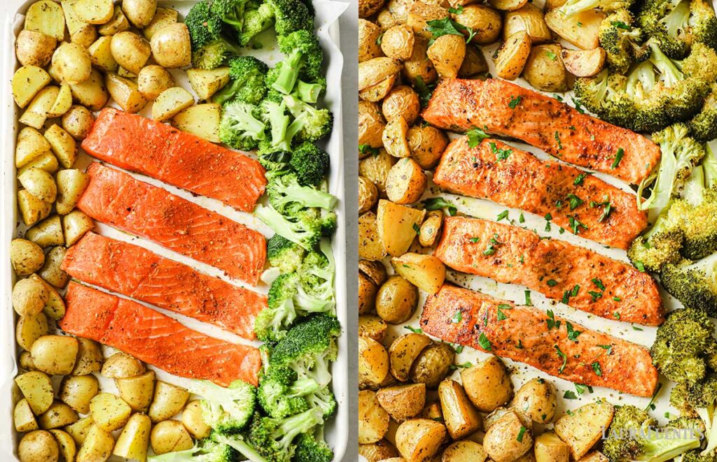 Sheet pan salmon with broccoli and potatoes, pre- and post-cooking, showcasing vibrant colors and hearty flavors.