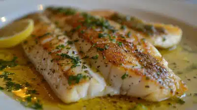 Grilled fish fillet garnished with herbs and lemon on a white plate, drizzled with olive oil and seasoning.