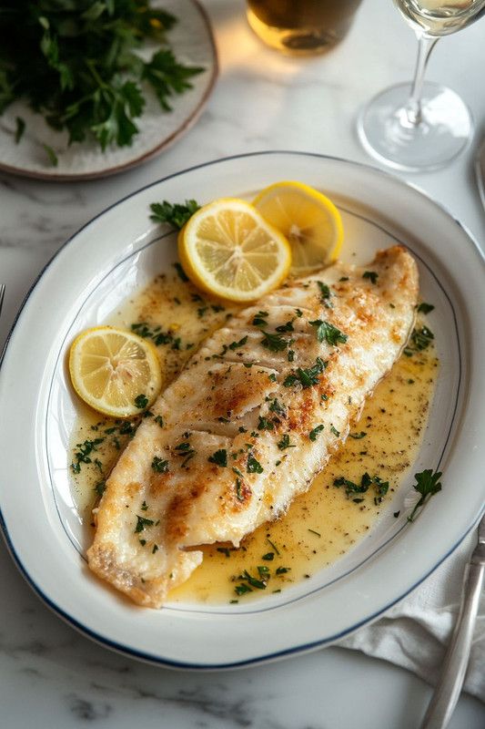 Sole Meunière_ A Classic French Seafood Recipe - Enjoy a French Favorite: Sole Meunière & Potatoes Grilled white fish in lemon butter sauce with parsley garnish, served with lemon slices on a white plate.