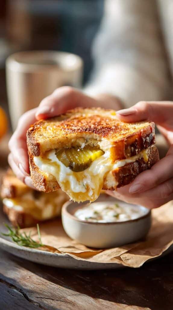 Grilled cheese sandwich with pickles and melted cheese, held above a plate with a dipping sauce on a rustic table.