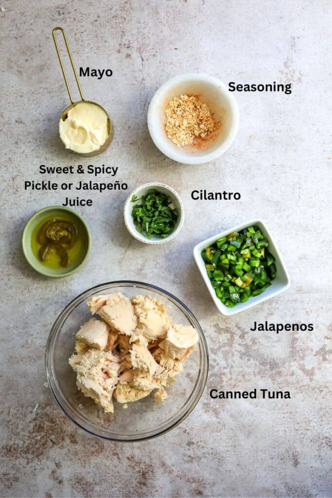 Ingredients for spicy tuna salad: mayo, cilantro, jalapenos, seasoning, canned tuna, and pickle juice.