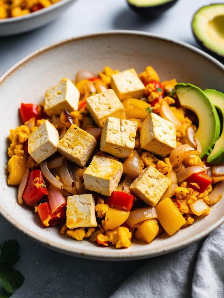 Tofu scramble with bell peppers, onions, and avocado in a bowl, perfect for a healthy vegan breakfast.