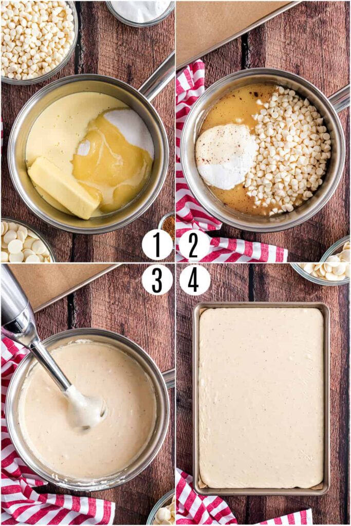 Step-by-step guide to making white chocolate fudge in a saucepan with mixing and baking stages.