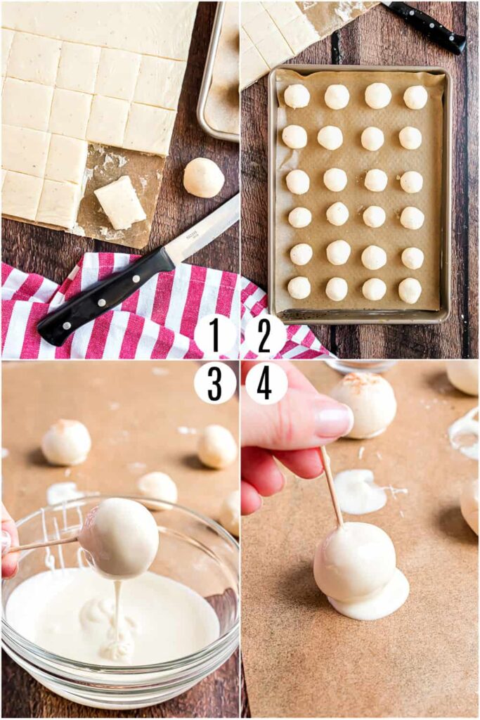 Step-by-step process of making cake balls: dough squares, rolled balls, dipping in coating, and finishing touch.