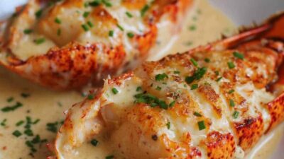 Delicious baked lobster tails with creamy cheese sauce, garnished with fresh herbs. Perfect seafood dish.
