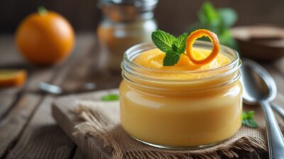Glass jar of orange mousse dessert garnished with mint and orange peel on a rustic wooden table.