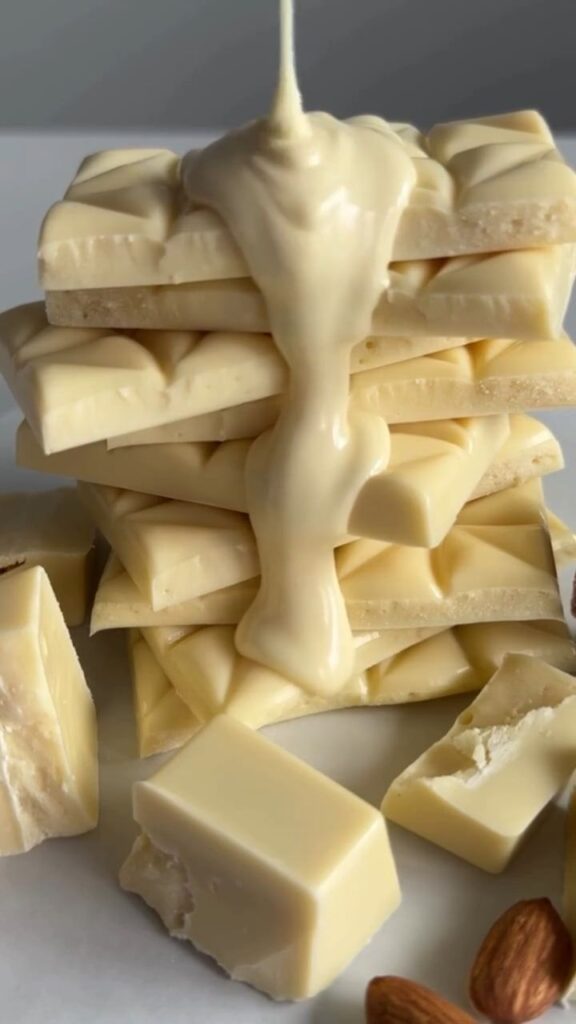 Stack of creamy white chocolate bars with melted chocolate pouring over, surrounded by almond pieces. Delicious treat!