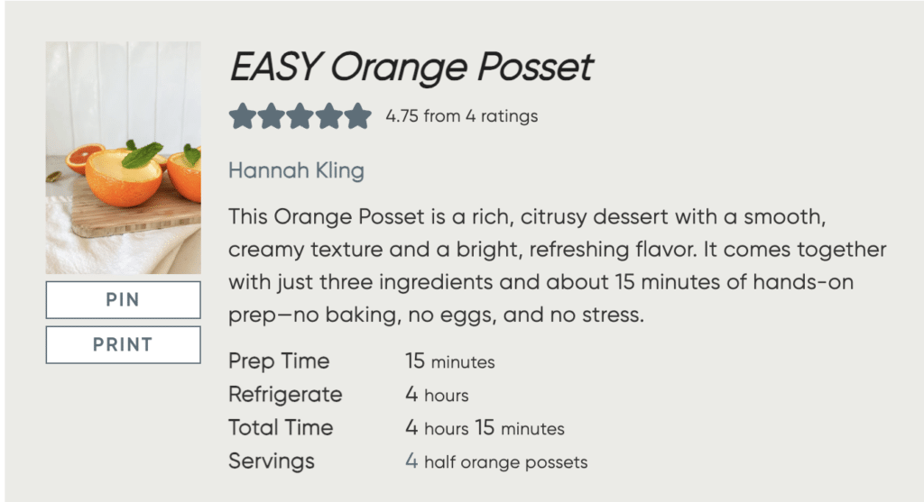 Easy Orange Posset recipe card with prep time, ingredients, and servings info. Image of posset in orange peels.